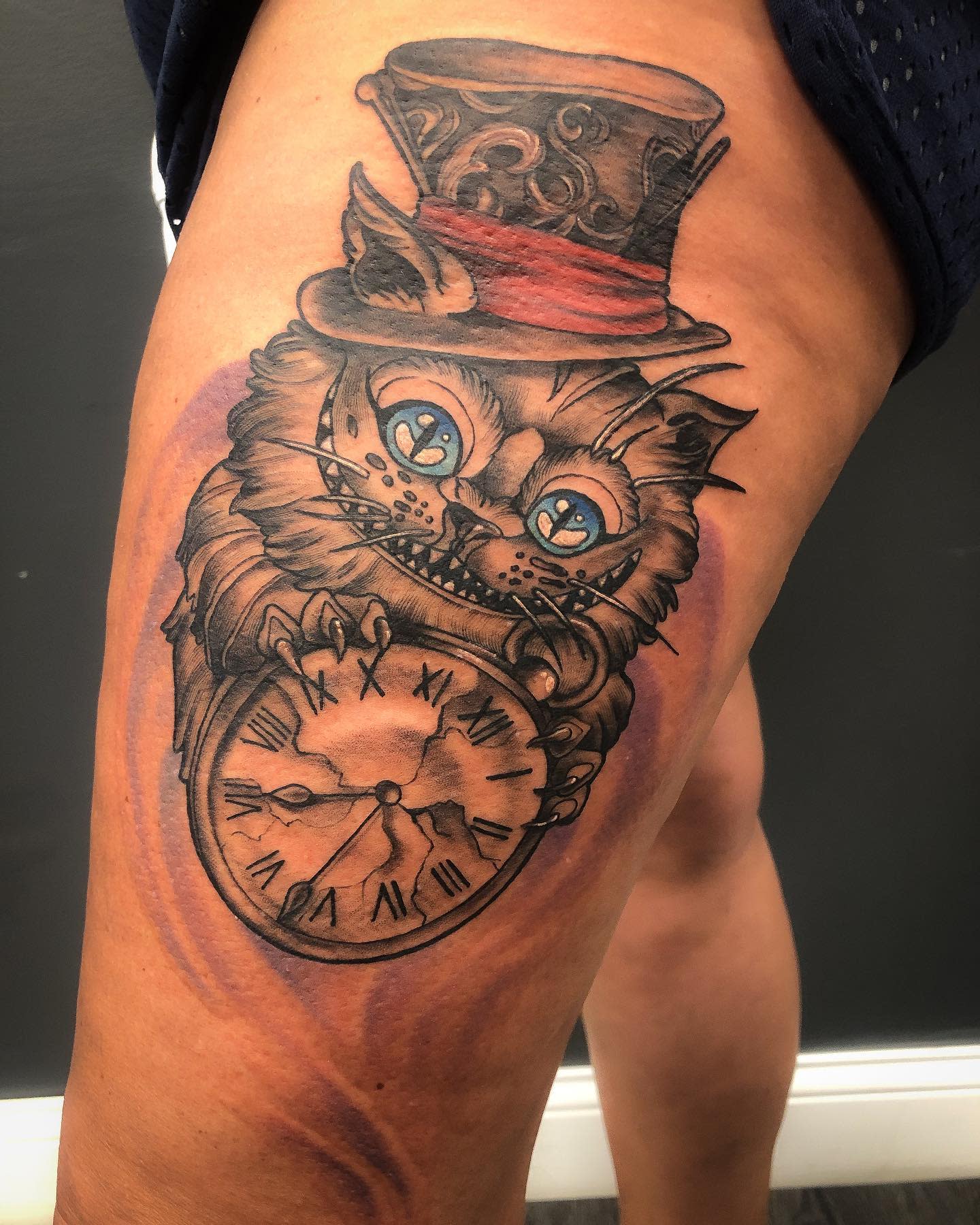 Cheshire Cat with a top hat, holding a cracked pocket watch, symbolizing the whimsical nature of time
